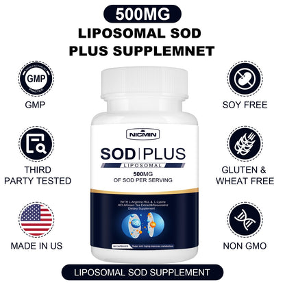 NICMIN 500MG Superoxide Dismutase Supplement - SOD Plus with Liposomal Glutathione, AKG, Green Tea Extract, L-Arginine, Lysine, Resveratrol and Vitamin E for Immune Support, Antioxidant 120 Capsules NICMINBuy Supplements Australia