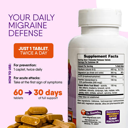 Doctor Knowles Migraine Supplement |Complete Natural Migraine Prevention & Relief Pills with Magnesium, 5-HTP, Feverfew, Riboflavin & Organic Blend |Caffeine Free, Extended-Release Tablets (60 Units) DR. KNOWLESBuy Supplements Australia