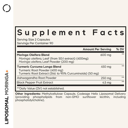 Codeage Liposomal Moringa+ Supplement, 400mg Moringa 50:1 Extract - Turmeric, Ashwagandha, Black Pepper, 3-Month Supply, Vegan Moringa Powder - 180 Capsules CodeageBuy Supplements Australia