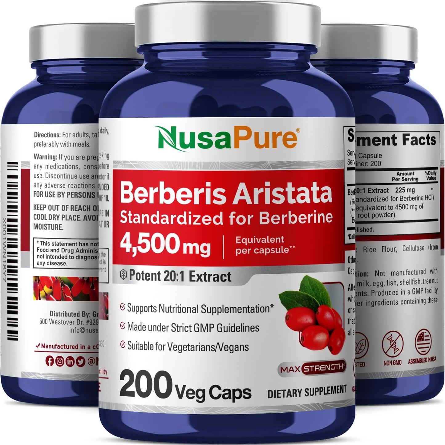 NusaPure Berberine HCI 4500 mg - 200 Veggie Caps - 6 Months Supply - (100% Vegetarian NusaPureBuy Supplements Australia