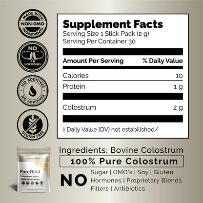 PureGold - Bovine Colostrum Powder - 100% Pure New Zealand Grass Fed, Supports Gut Health, Skin, Hair, & Immunity – Colostrum Supplement, Unflavored, 30 Travel Packets Fasted AthleteBuy Supplements Australia