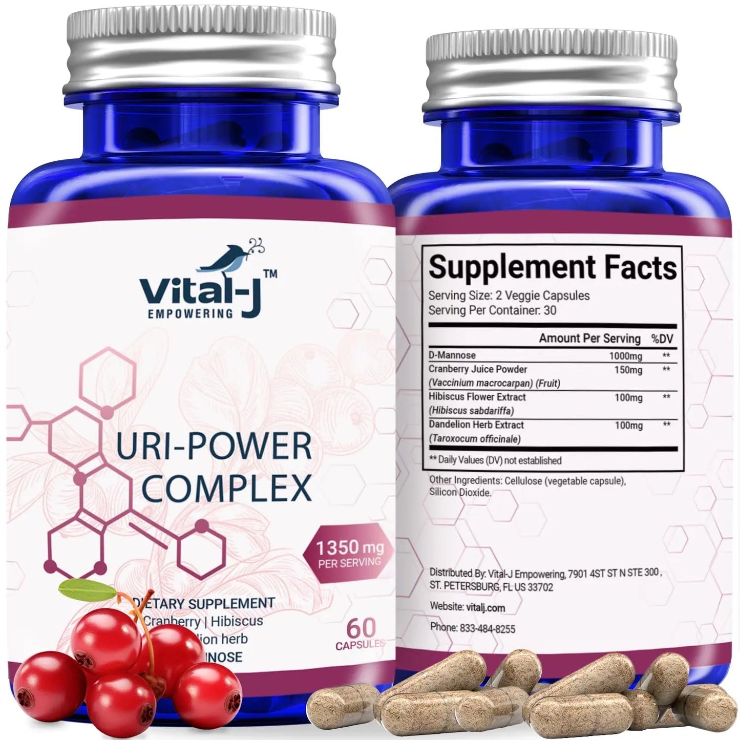 4-IN-1 URI POWER COMPLEX 1350mg - D Mannose, Cranberry, Hibiscus, and Dandelion Herb - Naturally Cleanse the Bladder and Urinary Tract 60 capsules – Specialized Approach for UTI Avoidance Vital-J EmpoweringBuy Supplements Australia