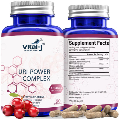 4-IN-1 URI POWER COMPLEX 1350mg - D Mannose, Cranberry, Hibiscus, and Dandelion Herb - Naturally Cleanse the Bladder and Urinary Tract 60 capsules – Specialized Approach for UTI Avoidance Vital-J EmpoweringBuy Supplements Australia