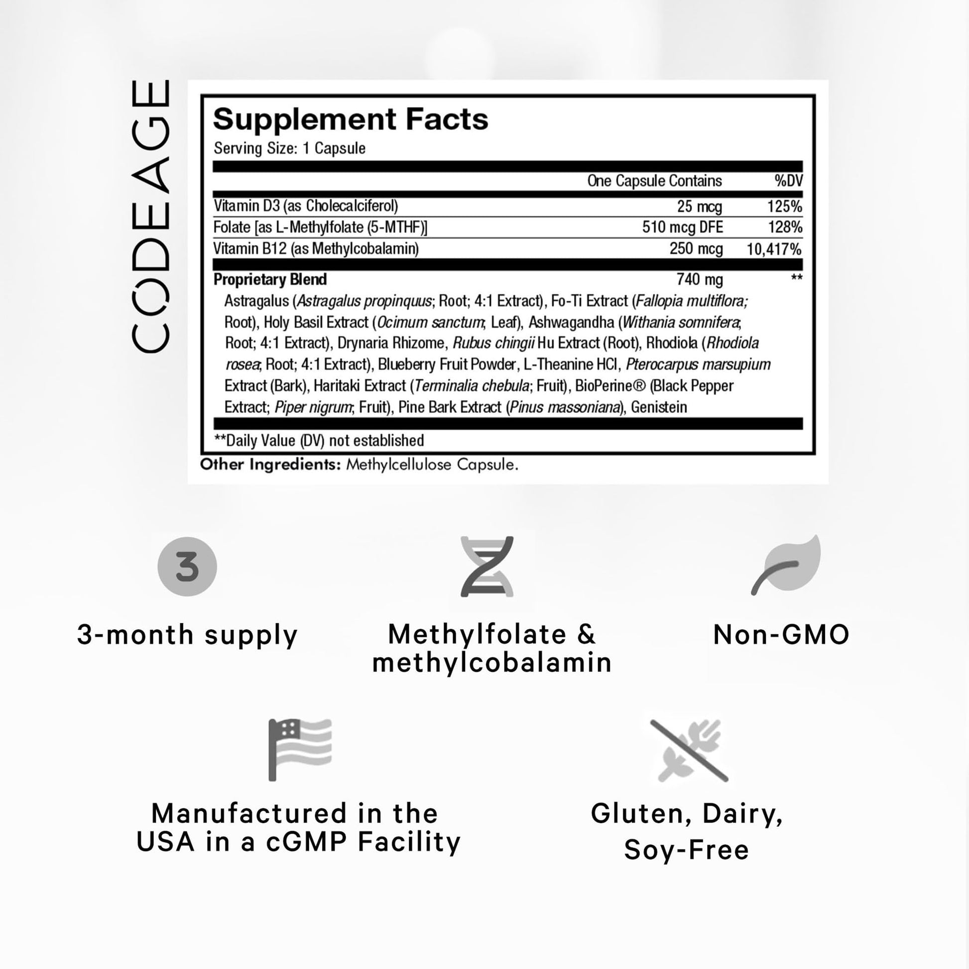 Codeage Ultra Life Telomeres Supplement - 5 MTHF Folate Vitamin B9, Vitamin B12 Methylcobalamin, Vitamin D3, L-Theanine, Ashwagandha - 3-Month Supply - DNA, Methylation Cycle - Non-GMO - 90 Capsules CodeageBuy Supplements Australia