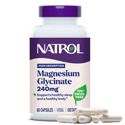 Natrol Magnesium Glycinate Supplements 240 mg - High Absorption - Calm Magnesium Glycinate for Sleep - 60 Capsules, 30 Day Supply NatrolBuy Supplements Australia