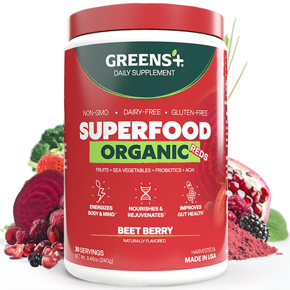 Greens+ Organic Reds Superfood Powder, Antioxidant, Polyphenol, Blend for Morning Kick, Energy, Vitality Boost, Nutrition, Vibrant Health, Vegan Soy/Dairy/Gluten Free(8.46oz) Greens+Buy Supplements Australia