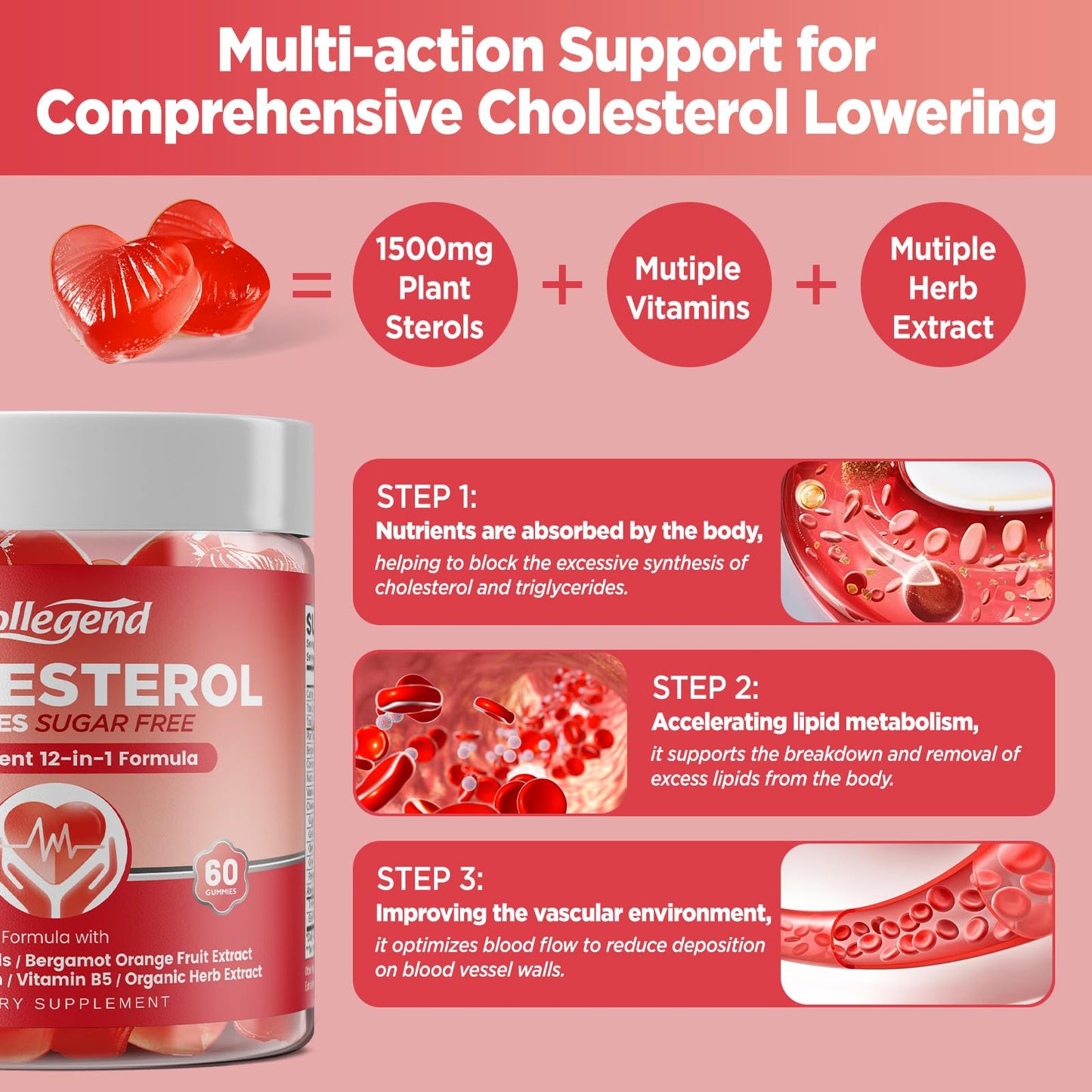 HOLLEGEND Cholesterol Supplements Gummies Sugar Free, 1500mg Plant Sterols for Cholesterol Health, Plus Citrus Bergamot, CoQ10 & Vitamins for Heart Health, Vegan, Mixed Berry Flavor, 60 Chewables HOLLEGENDBuy Supplements Australia