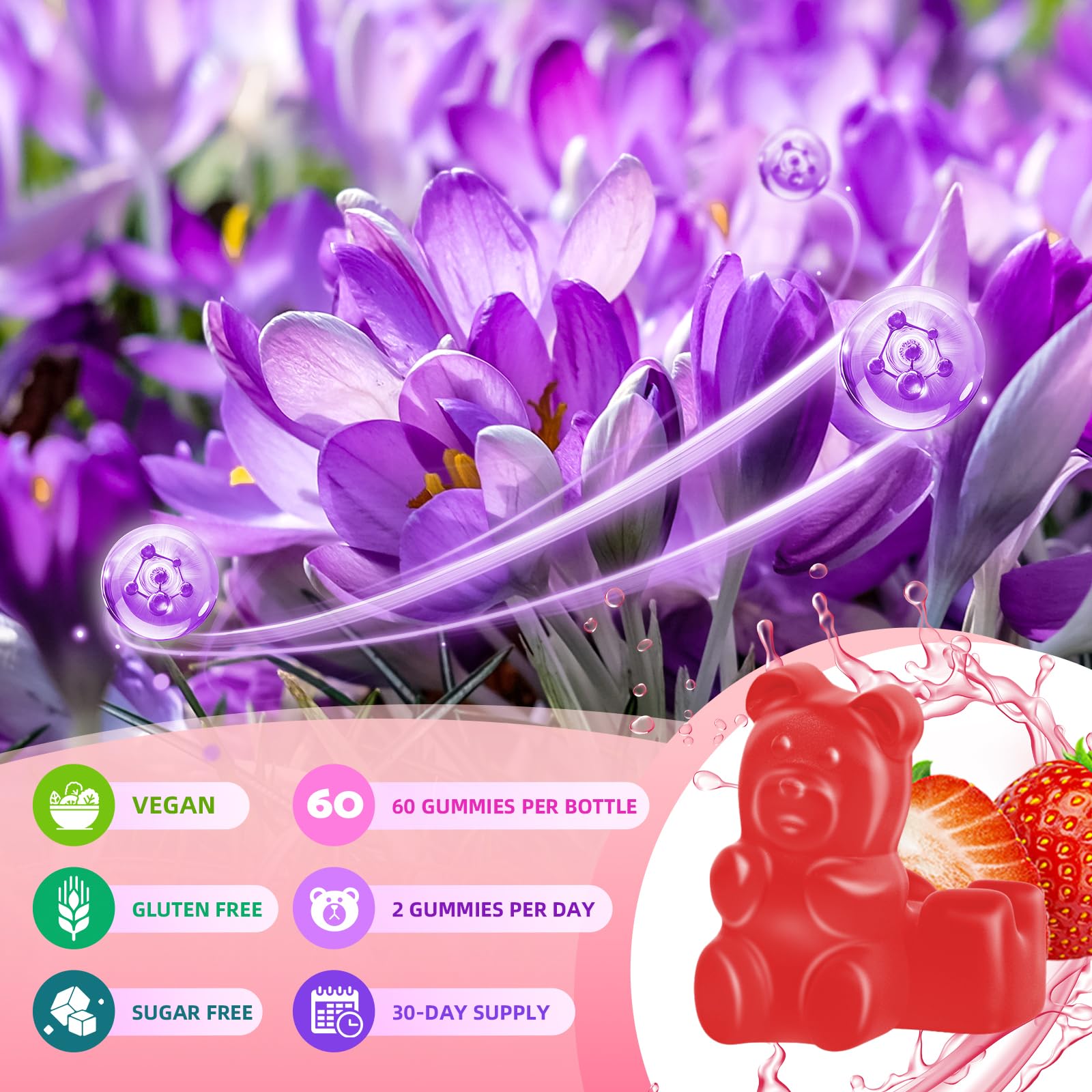 Saffron Gummies for Adult Kids, 10-IN-1 Formula with Saffron 88.5mg, Vitamins D3 & B6, Magnesium, Zinc, Ashwagandha, L-Theanine, St. John's Wort - Supports Mood & Focus, Strawberry Flavor, 60 Count BVIVLOOBuy Supplements Australia