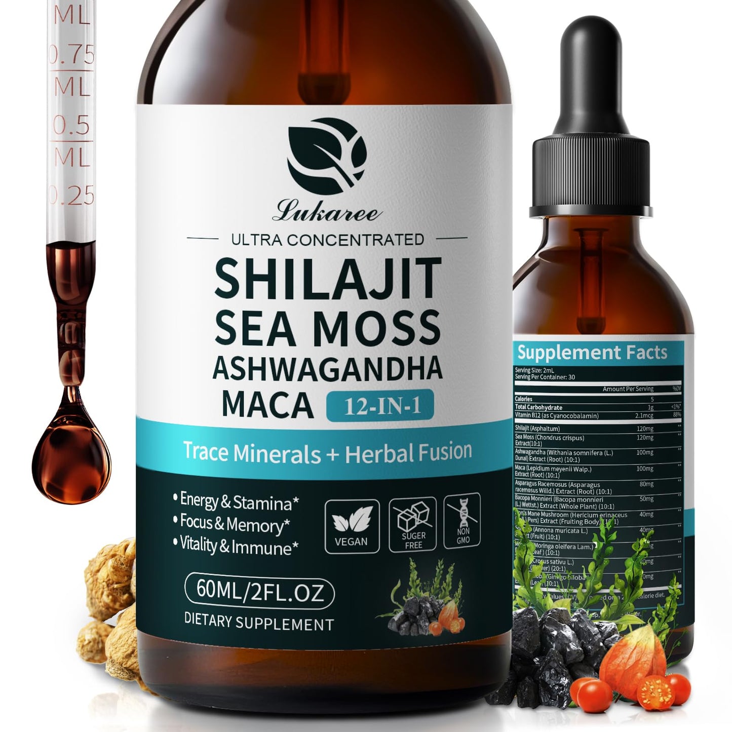 Shilajit Liquid Drops, 12-in-1 Complex - Sea Moss, Ashwagandha, Maca, Fulvic Acid, Trace Minerals, Liquid Vitamins Supplement for Men and Women, Energy, Antioxidant, Immune Support, 60ML/2 FL Oz LukareeBuy Supplements Australia
