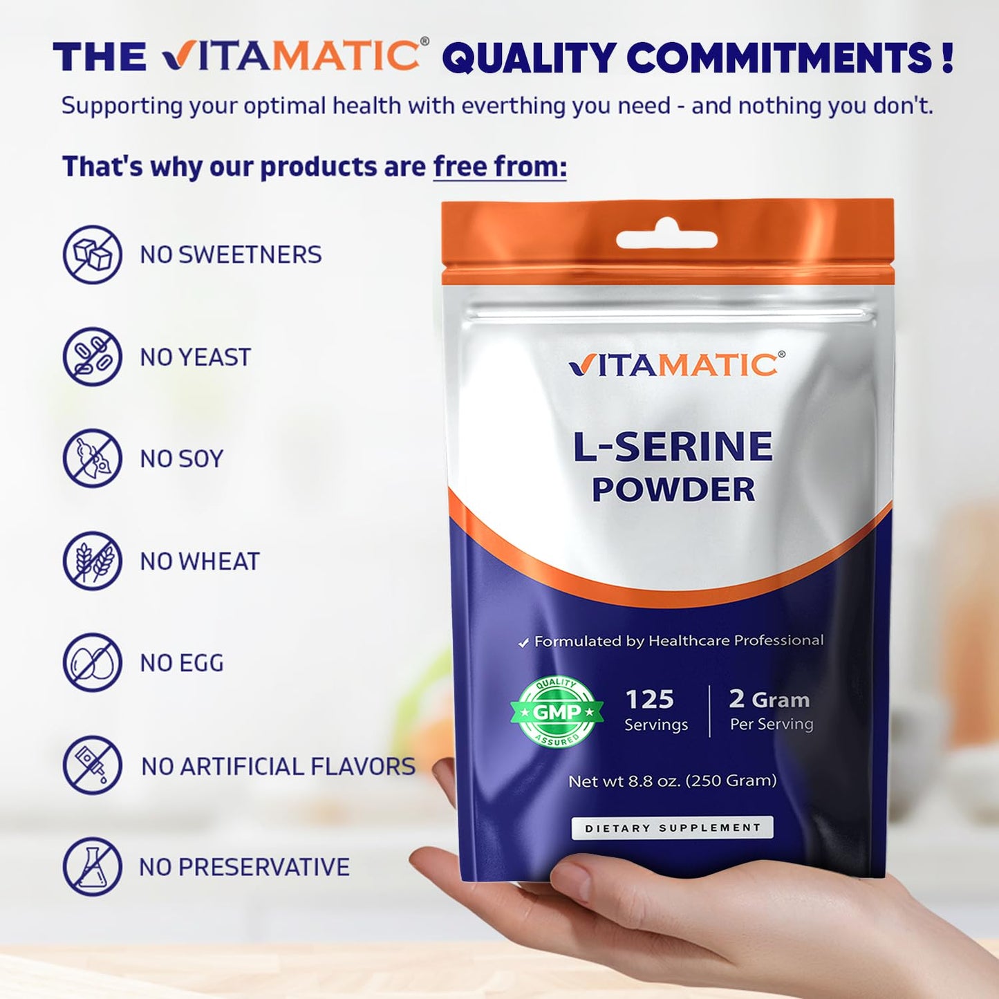 Vitamatic L-Serine Pure Powder 250 Gram | 2000 mg per Serving | 125 Servings | Unflavored | No Additives | Free of Soy, Eggs, Fish & Artificial Ingredients VitamaticBuy Supplements Australia