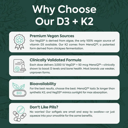 Organics Ocean Better D3 + K2-100% Organic VIT D3 and K2 Supplements with Maximum Bioavailability - Supports Bone Density, Calcium Balance