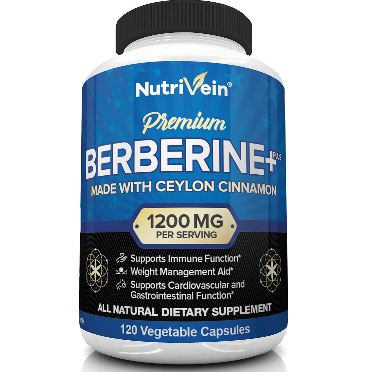Nutrivein Premium Berberine HCL 1200mg Plus Organic Ceylon Cinnamon - 120 Capsules