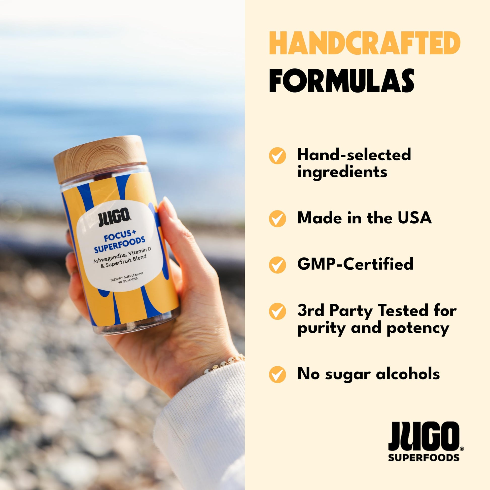 JUGO Focus + SUPERFOODS Ashwagandha Gummies with Vitamin D3 & Superfruit Blend, Vegetarian-Friendly Focus Supplement with Adaptogens, Gelatin-Free and Gluten-Free, Non-GMO, Made in USA, 40 Coun JUGO LLCBuy Supplements Australia
