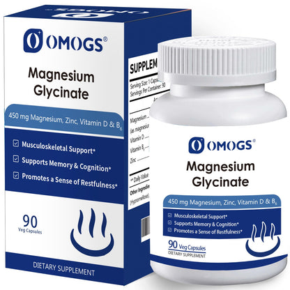 OMOGS High Absorption Magnesium Glycinate, for Supporting Sleep, Muscle Relaxation, Heart Health & Bone Health, Gluten Free, Non-GMO, 90 Vegetarian Capsules OMOGSBuy Supplements Australia