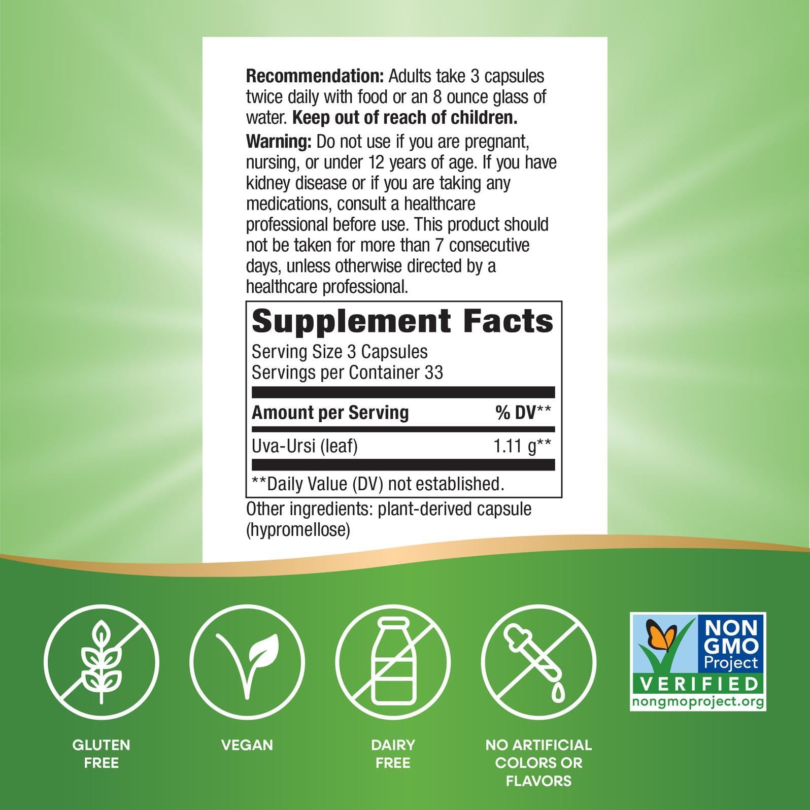 Nature's Way Uva Ursi Leaves, Traditional Urinary Support*, 1,110 mg per 3-Capsule Serving, Non-GMO Project Verified, Herbal Dietary Supplement, Gluten Free, 100 Vegan Capsules (Packaging May Vary) Nature's WayBuy Supplements Australia