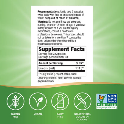 Nature's Way Uva Ursi Leaves, Traditional Urinary Support*, 1,110 mg per 3-Capsule Serving, Non-GMO Project Verified, Herbal Dietary Supplement, Gluten Free, 100 Vegan Capsules (Packaging May Vary) Nature's WayBuy Supplements Australia