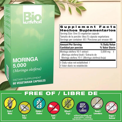 Bio Nutrition Moringa 5000mg 60 Vegetarian Capsules | Complete Green Superfood | Nature's Multivitamin | Energy and Gut Health Bio NutritionBuy Supplements Australia