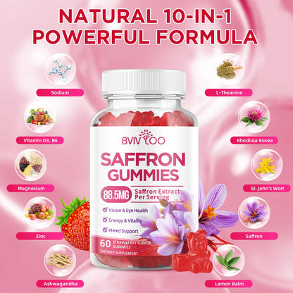 Saffron Gummies for Adult Kids, 10-IN-1 Formula with Saffron 88.5mg, Vitamins D3 & B6, Magnesium, Zinc, Ashwagandha, L-Theanine, St. John's Wort - Supports Mood & Focus, Strawberry Flavor, 60 Count BVIVLOOBuy Supplements Australia