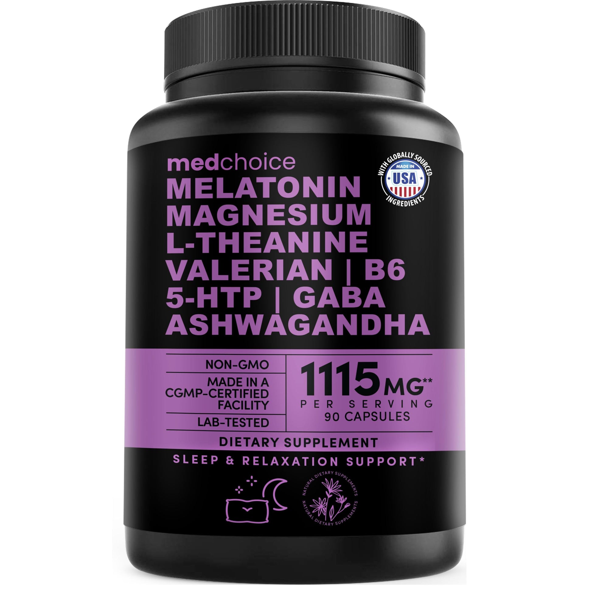 12-in-1 Melatonin Sleep Capsules - Natural Sleep Aids for Adults with Melatonin 5mg and Magnesium Glycinate 500mg, Sleep Aid with Ashwagandha, L Theanine, Valerian Root, GABA, 5-HTP (90ct, Pack of 1) MEDCHOICEBuy Supplements Australia