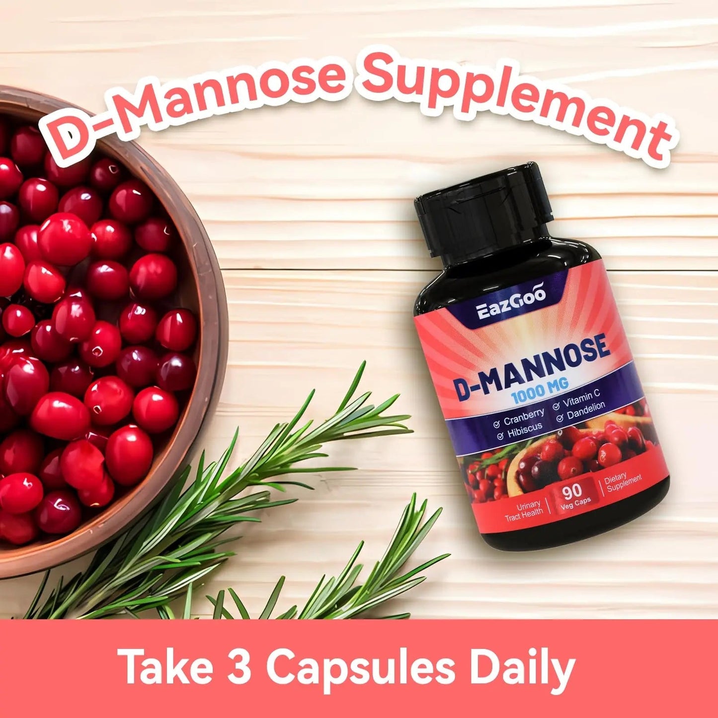 EAZGOO D-Mannose Supplement – 1000mg Capsules with Cranberry, Vitamin C, Hibiscus & Dandelion Extract, Support Urinary Health, D Mannose & Cranberry Capsules, 90 Count(Pack of 2) EAZGOOBuy Supplements Australia