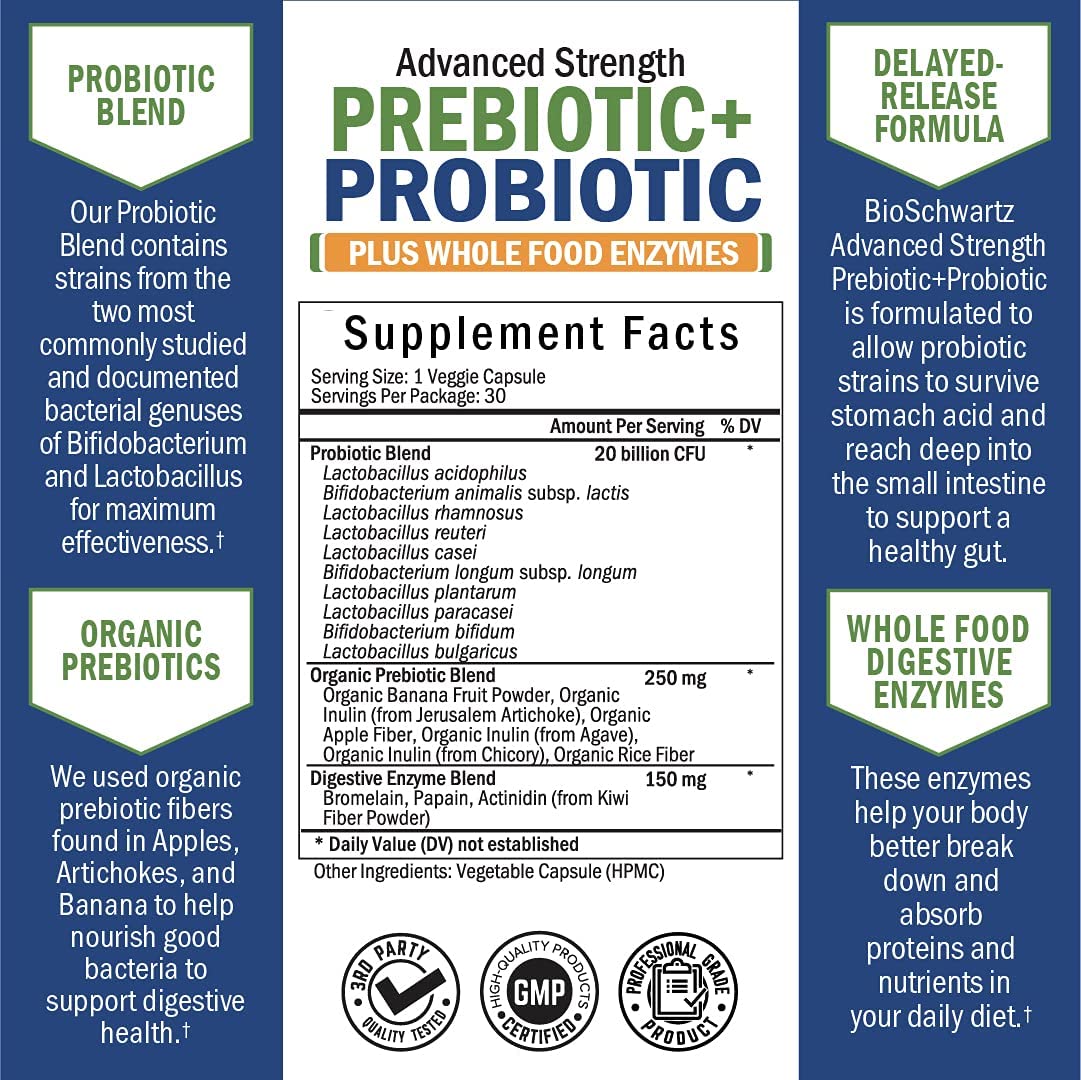 Probiotic & Prebiotic Digestive Health Capsules - 30ct, Gluten & Dairy Free, Non-GMO BioSchwartzBuy Supplements Australia