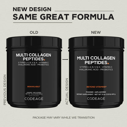Codeage Multi Collagen Peptides + Probiotics Black Edition, Vitamin C, Hyaluronic Acid Powder Supplement, Grass-Fed, Pasture-Raised, Hydrolyzed, Zero Carbs, Type I, II, III, V & X, Unflavored, 21oz CodeageBuy Supplements Australia