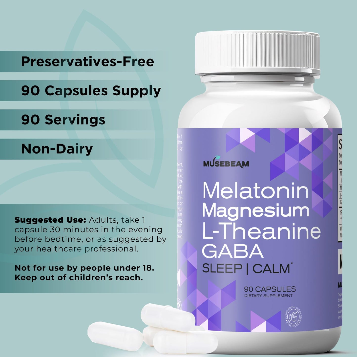MuseBeam Magnesium Glycinate 275mg Melatonin 5mg L-Theanine 200mg GABA 100mg Capsules - Full Rest Nighttime Bedtime Support Supplement for Men Women - Vegan Sugar-Free Gluten-Free musebeamBuy Supplements Australia