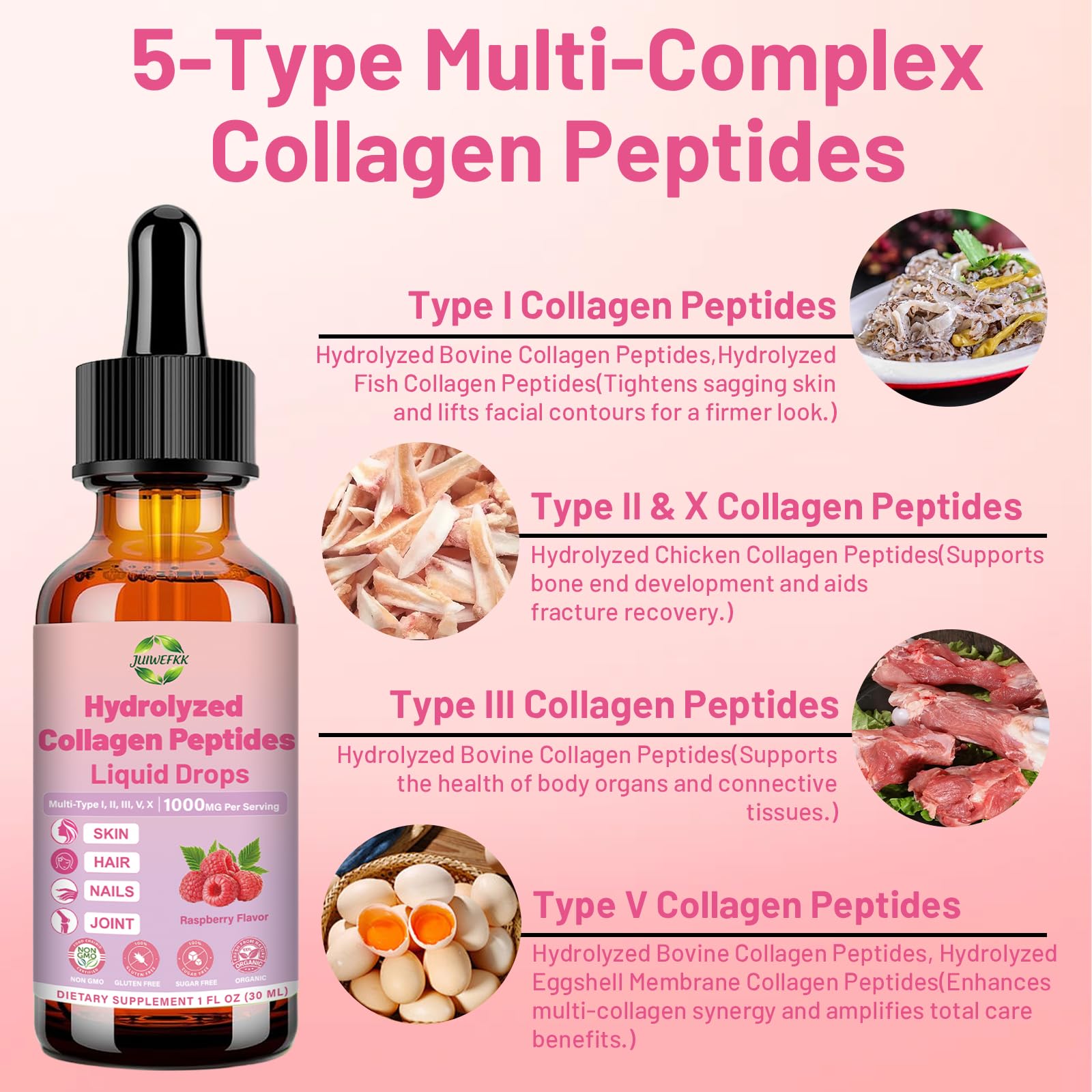 JUIWEFKK Hydrolyzed Collagen Peptides Liquid Organic Collagen Complex w. Biotin, Vitamin C & Hyaluronic Acid, Liquid Collagen Types I, II, III, IV, V for Hair, Skin, Nails & Joint Healthd JUIWEFKKBuy Supplements Australia