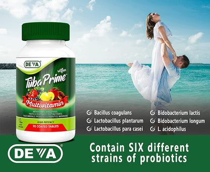 DEVA Tuba Prime Vegan Multivitamin Iron-Free High-Potency Vitamin & Mineral Dietary Supplement Antioxidants, Fruit & Veg Blend, Super Mushrooms, Probiotics, Prebiotics, Seeds, Herbs 90 Tabs 2-Pack DEVABuy Supplements Australia