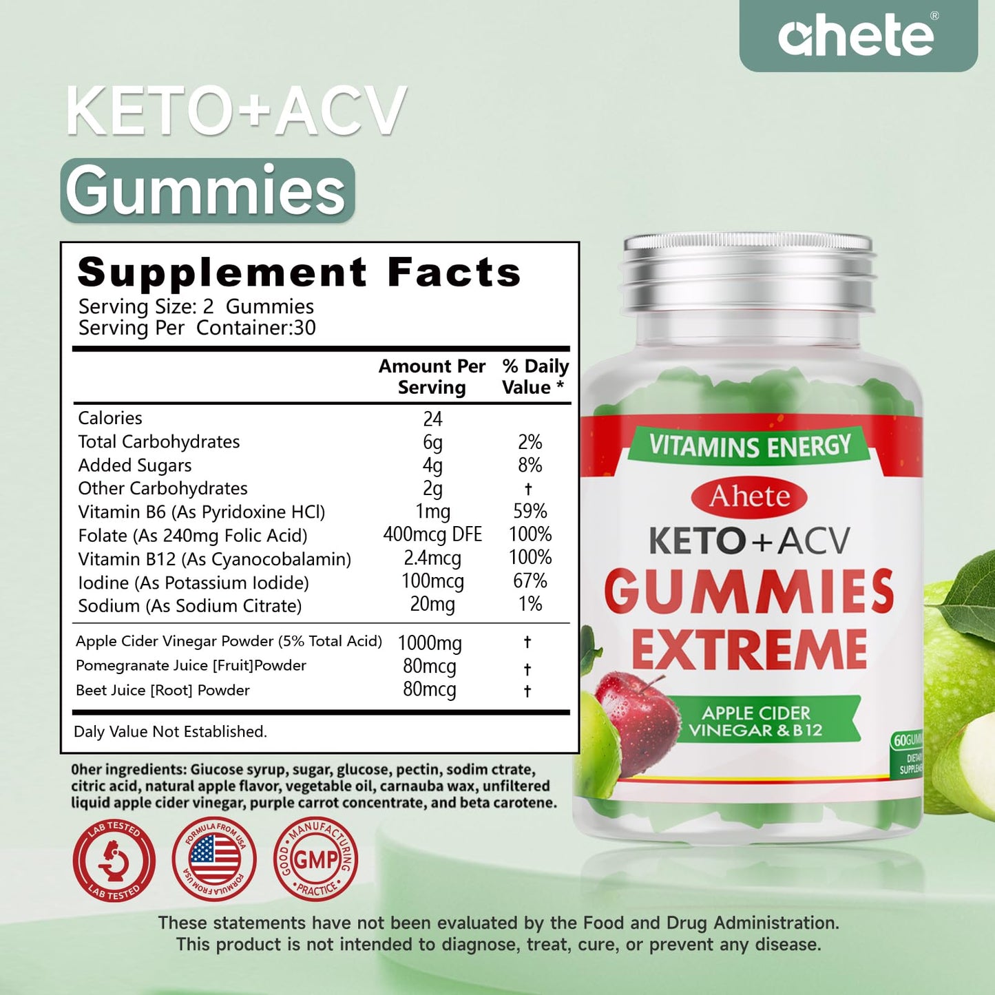 Ahete Keto Apple Cider Vinegar Gummies with Vitamin B6, B12, Folate & Beet Root, Keto ACV Gummies Supports Daily Wellness & Metabolism, Natural Apple Flavor, 60 Gummies (30 Day Supply) AheteBuy Supplements Australia