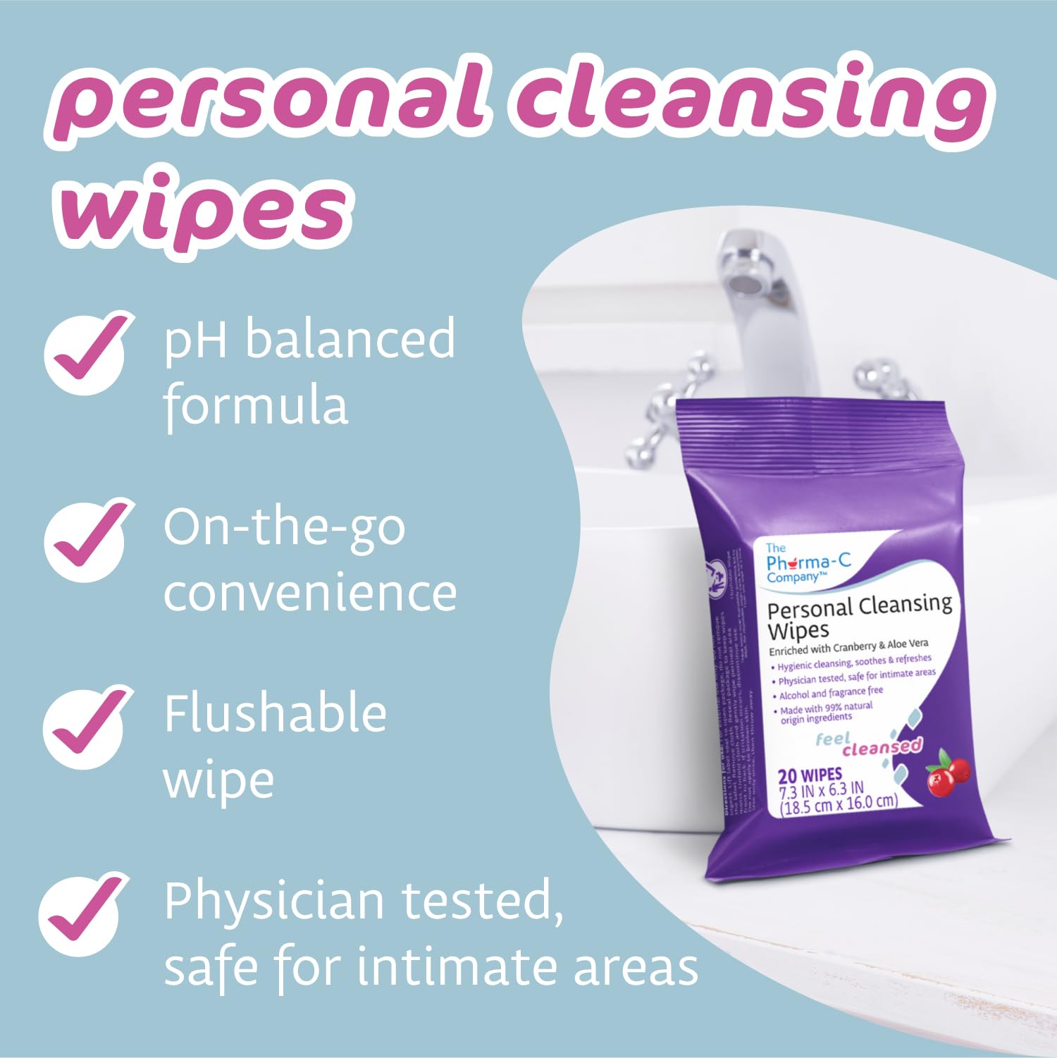 The Pharma-C Company Personal Cleansing Wipes [2 packs of 20 wipes] - Enriched with Cranberry & Aloe Vera GenericBuy Supplements Australia