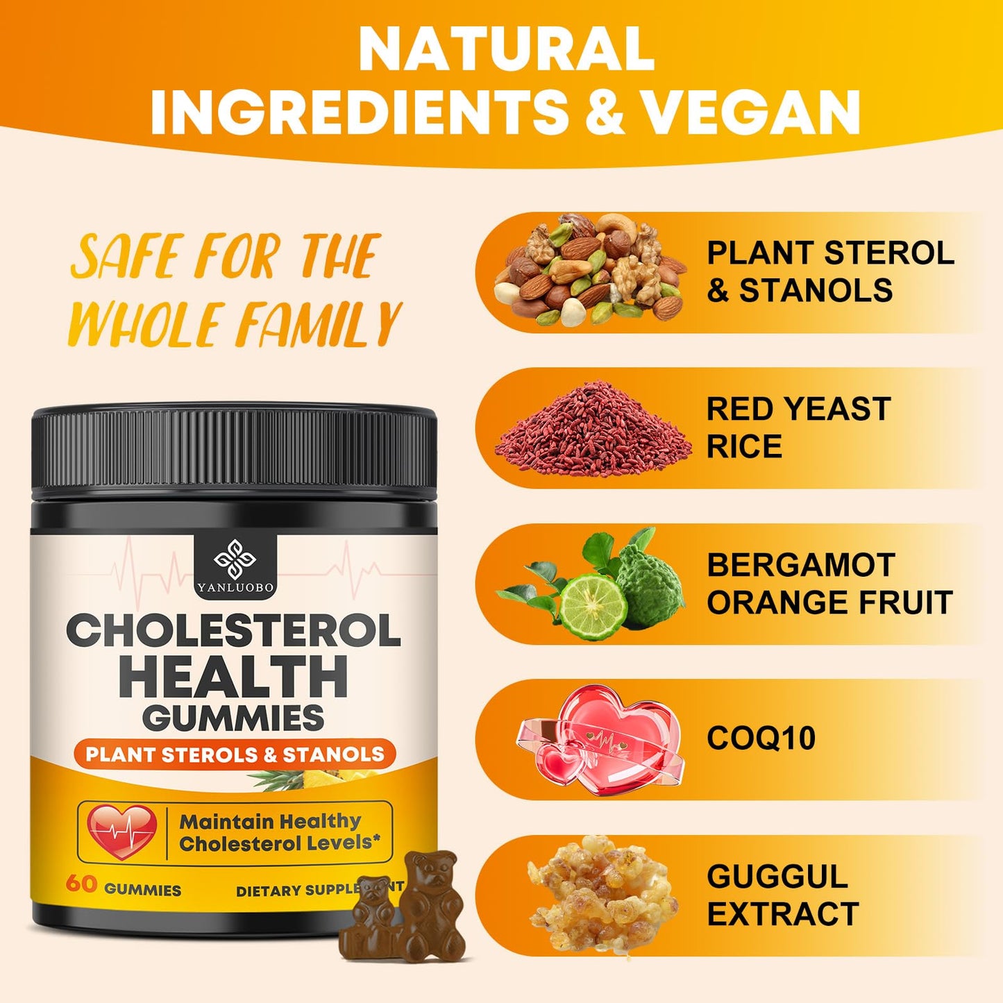 Cholesterol Supplements with 1200mg Plant Sterols & Stanols, Guggul, Bergamot, Red Yeast Rice, Cholesterol Complex Gummies Support Healthy Cholesterol Levels, Pineapple Flavor, 60 Counts YANLUOBOBuy Supplements Australia