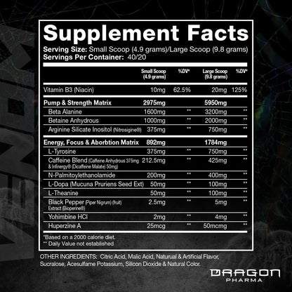 DRAGON PHARMA Venom Extreme Potency Pre-Workout, Laser Sharp Focus + Energy, Intense Performance, Proven Ingredients for Enhanced Vasodilation & Endurance (40 Servings, Watermelon)