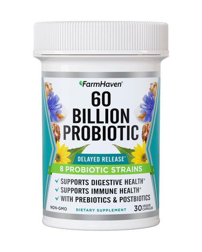 FarmHaven 60 Billion CFU Probiotic - 8 Probiotic Strains - Prebiotics & Postbiotics - Supports Digestive & Immune Health - Delayed Release - Shelf Stable -