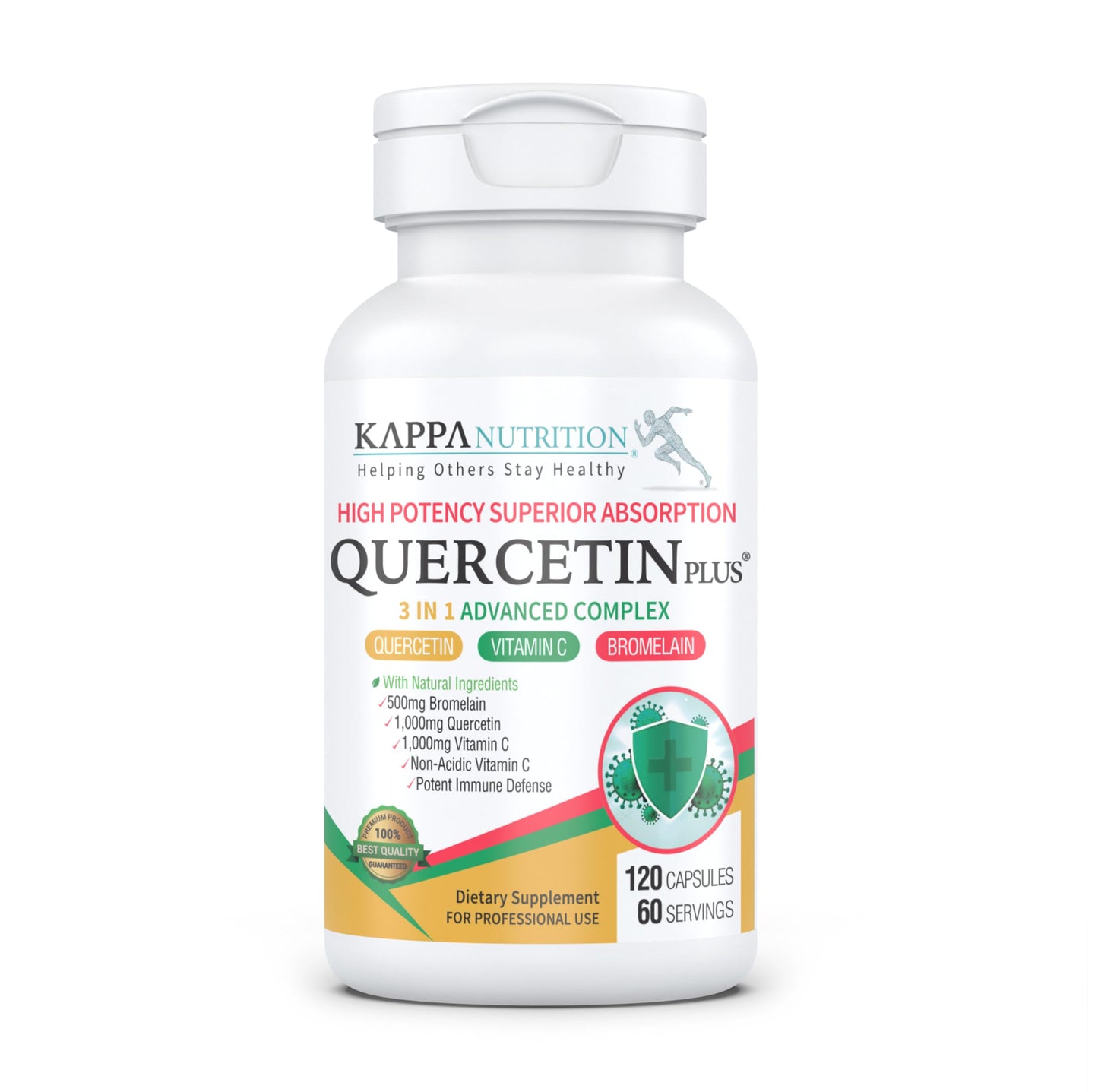 QUERCETIN PLUS, Quercetin 1,000mg, Bromelain 500mg and Vitamin C 1,000mg, (120 Capsules), 3 in 1 from Bioflavonoids, Supports Immune, Cardiovascular & Respiratory Health, Seasonal Allergy Relief. KAPPA NUTRITIONBuy Supplements Australia