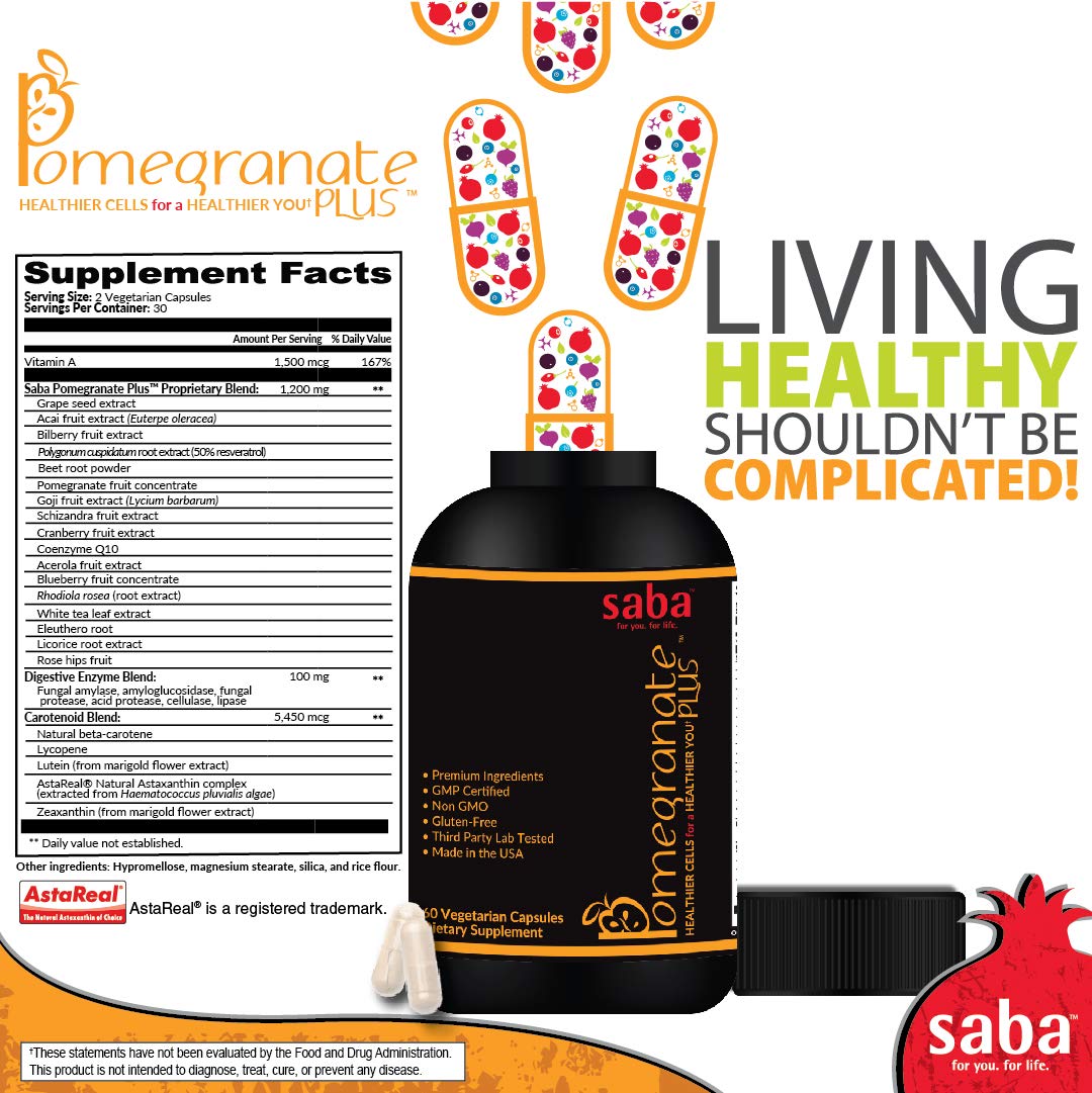 Saba Pomegranate Plus – Antioxidant Supplement with Astaxanthin & Adaptogens | Immune, Skin, Heart & Brain Support | Daily Stress & Cellular Wellness | 60 Capsules SabaBuy Supplements Australia
