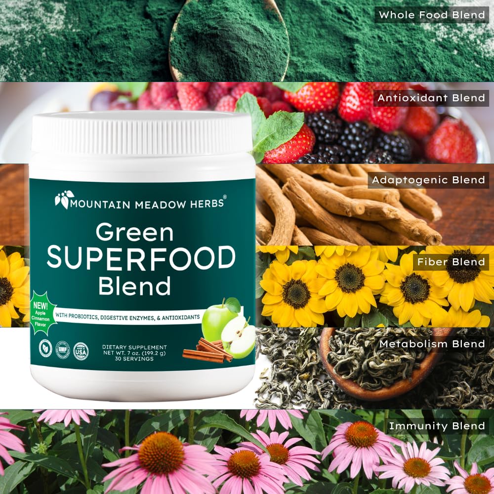 Mountain Meadow Herbs Green Superfood Blend – Spirulina, Chlorella, Mushrooms, Probiotics, Digestive Enzymes, Antioxidants – Organic Greens Powder for Energy & Gut Health – 30 Servings Mountain Meadow HerbsBuy Supplements Australia