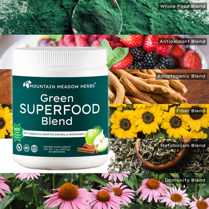 Mountain Meadow Herbs Green Superfood Blend – Spirulina, Chlorella, Mushrooms, Probiotics, Digestive Enzymes, Antioxidants – Organic Greens Powder for Energy & Gut Health – 30 Servings Mountain Meadow HerbsBuy Supplements Australia