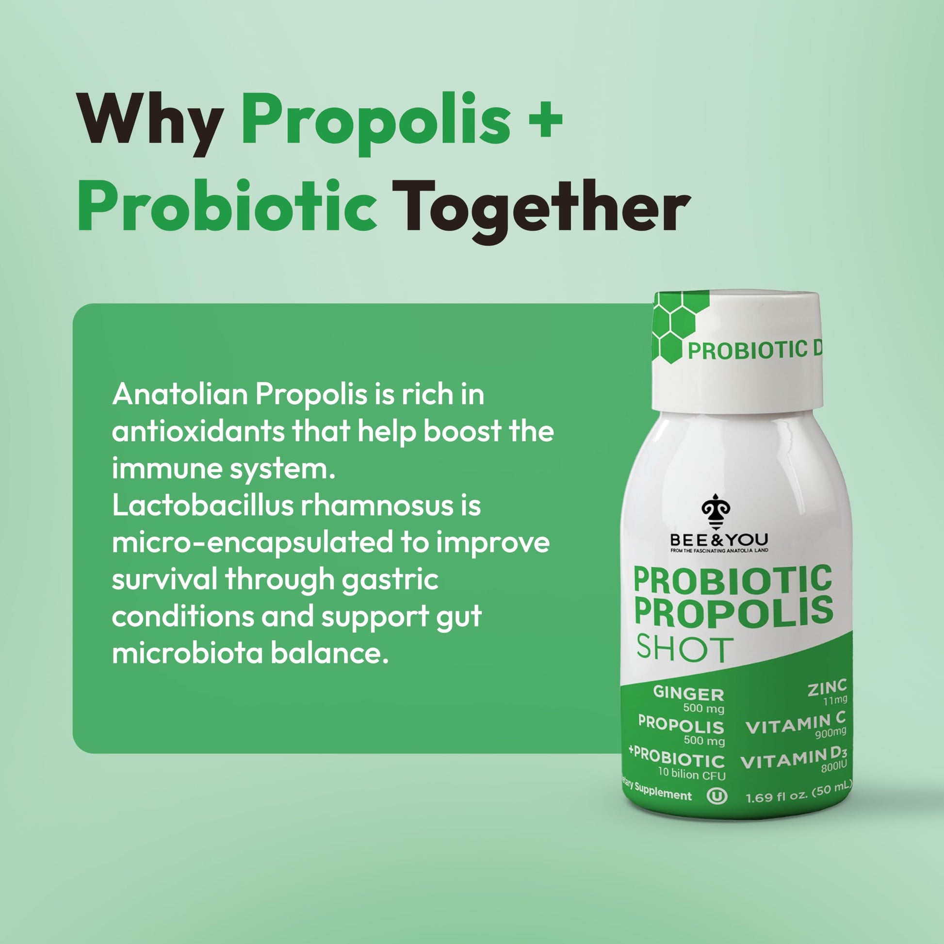 Bee and You Propolis Immune Shot, Probiotic, Vitamin C, Vitamin D3, Zinc, Ginger, Immune Support, Gut Health, Digestive Health, Bioactive 1.69 Fl. oz, 12 Pack BEE & YOUBuy Supplements Australia