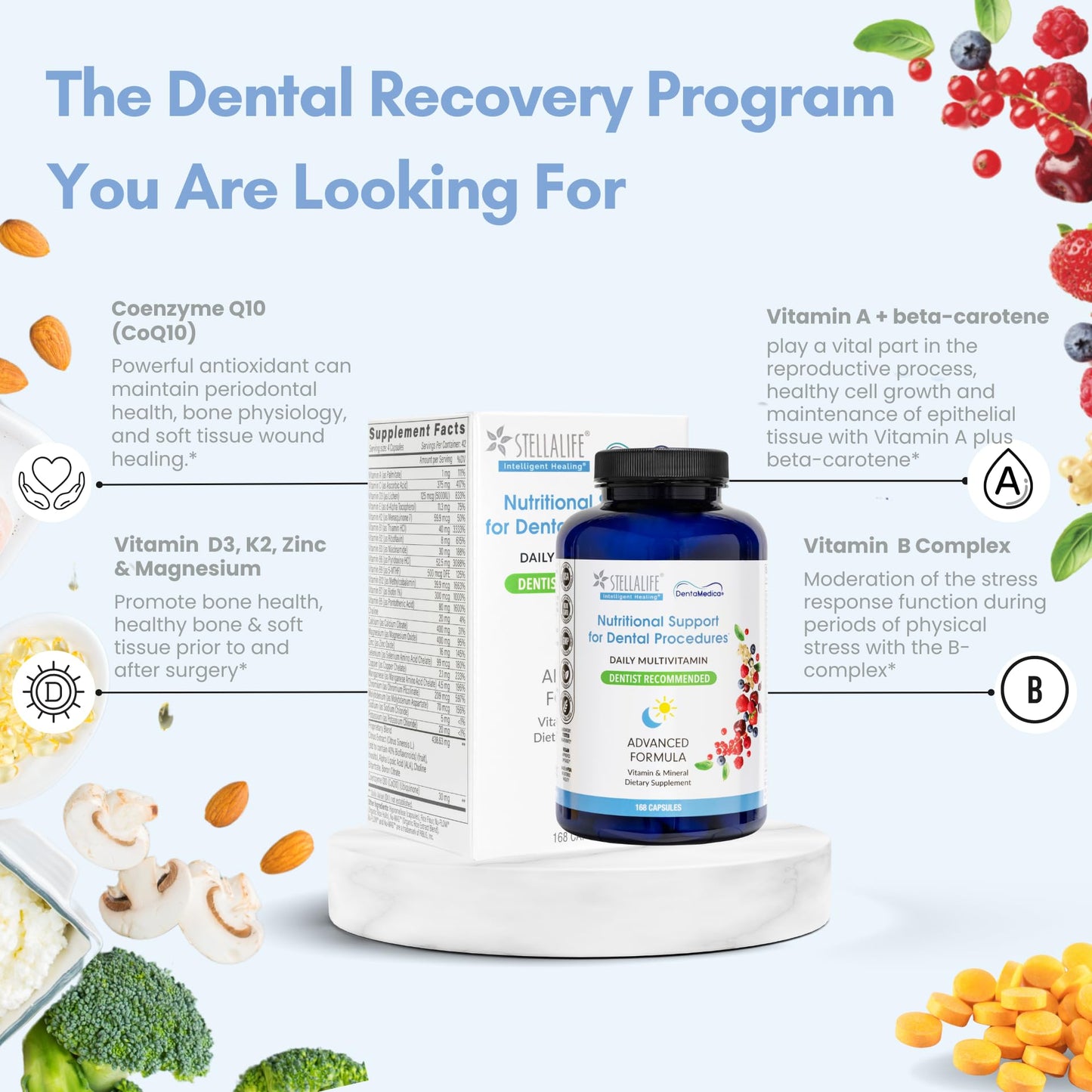 StellaLife DentaMedica Vegan Daily Multivitamin Nutritional Support for Faster Dental Surgery Recovery, VIT D3 K2 C B Zinc CoQ10 Magnesium, Healthy Bones & Gums, Non-GMO, GMP USA, 168 Capsules StellaLifeBuy Supplements Australia