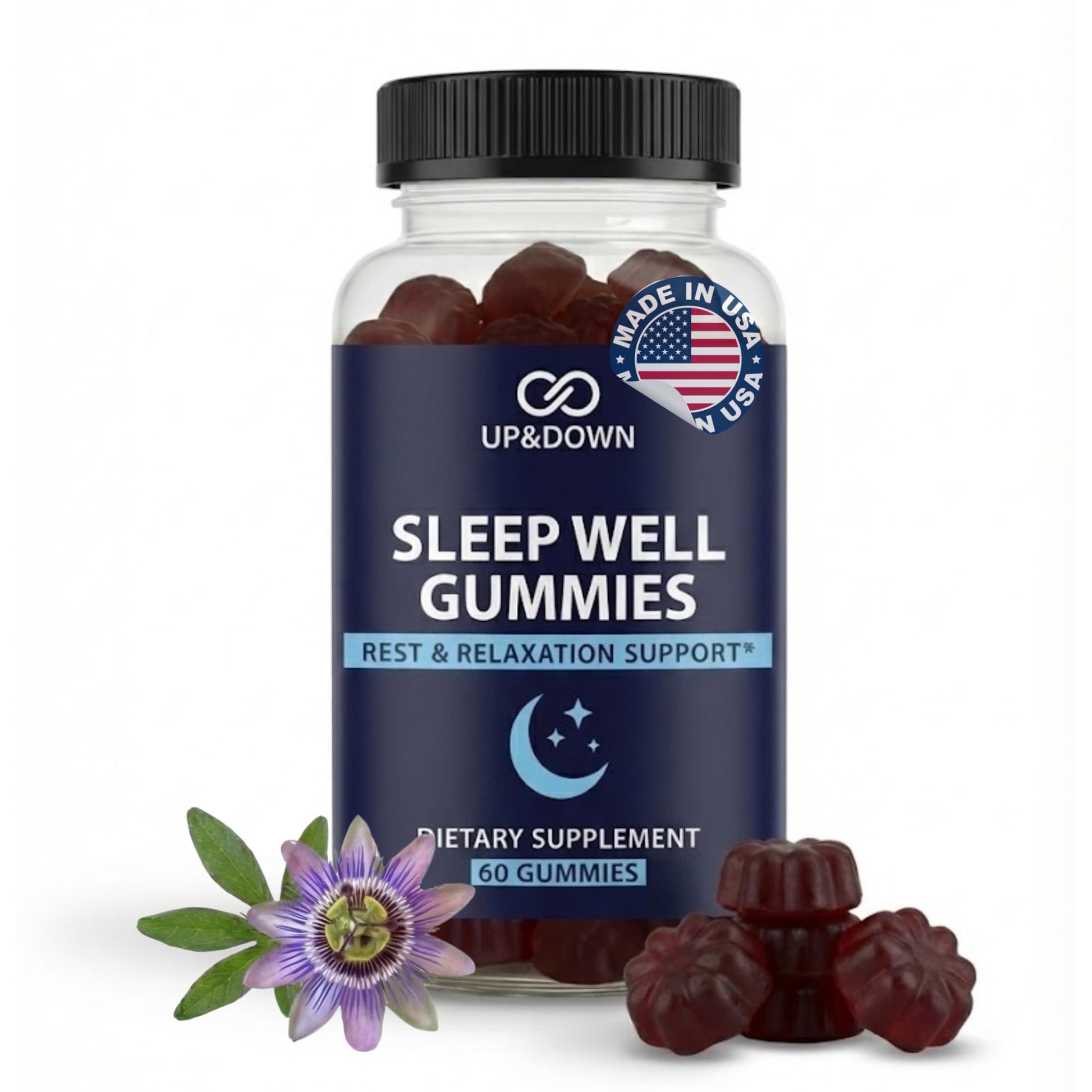 Up&Down Supplements Sleep Well Gummies | Deeper Sleep, Relaxation, Rest & Recovery Support | Melatonin, Vitamin B6 & Passionflower | Made in USA | Vegan, Non-GMO, Gluten Free | 60 Sleep Gummies Up&Down SupplementsBuy Supplements Australia