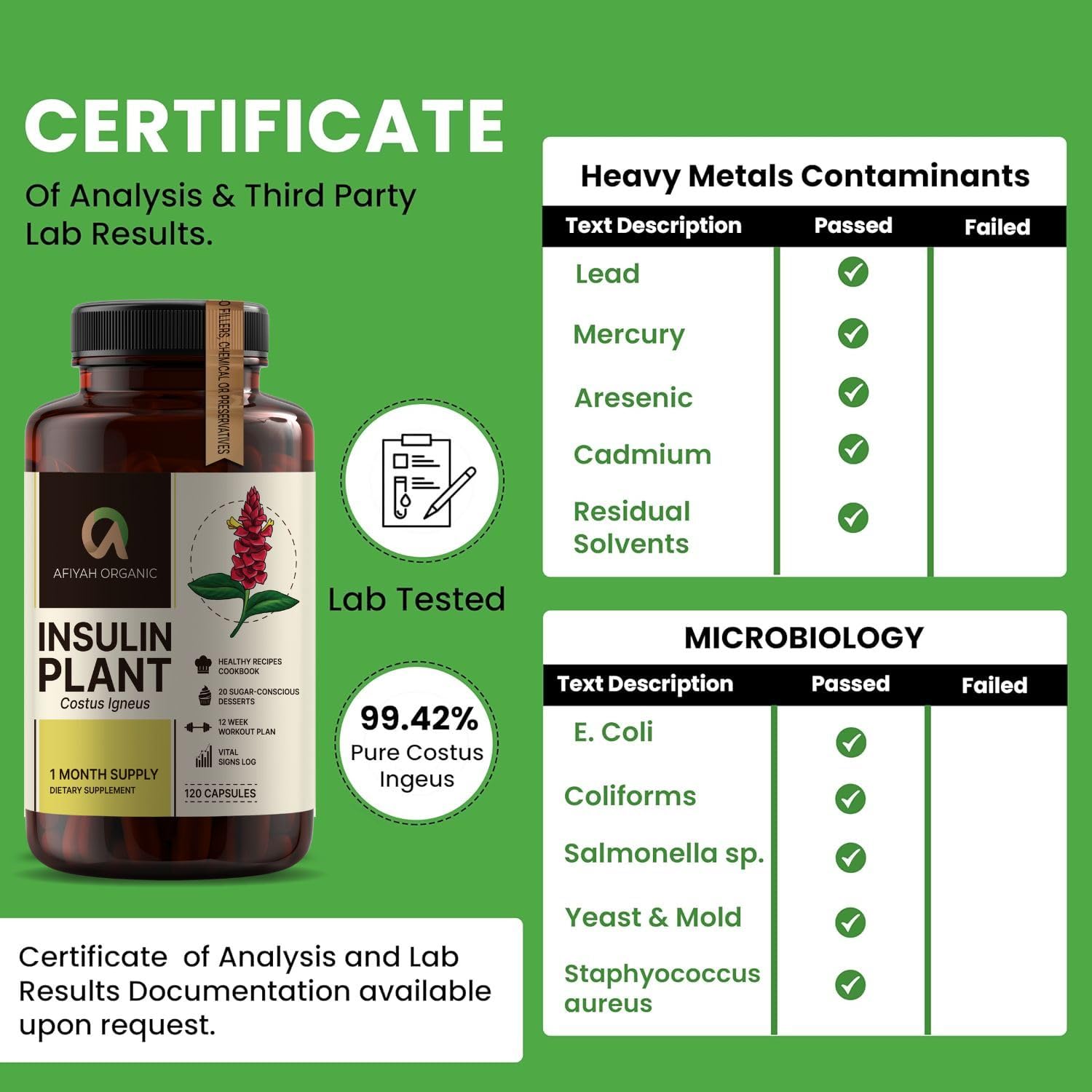 Afiyah Organic - Premium Quality Costus Igneus (Insulin Plant) Capsules - Easy to Swallow 120 Veggie Capsules (1 Month Supply) - Made in the USA - Including Complete Health Support Program Afiyah OrganicBuy Supplements Australia