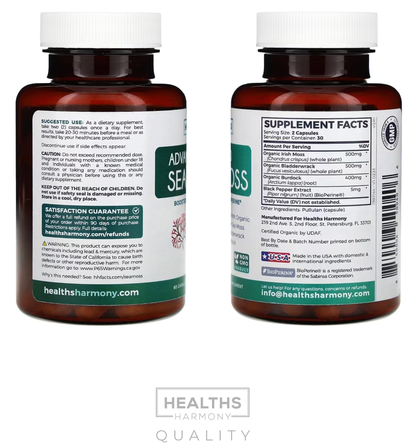 Organic Irish Sea Moss Capsules - Organic Sea Moss Capsules with Bladderwrack Burdock Root and Black Pepper Extract for Enhanced Absorption - Vegan Non-GMO & Made in the USA (1 Month Supply) Healths HarmonyBuy Supplements Australia