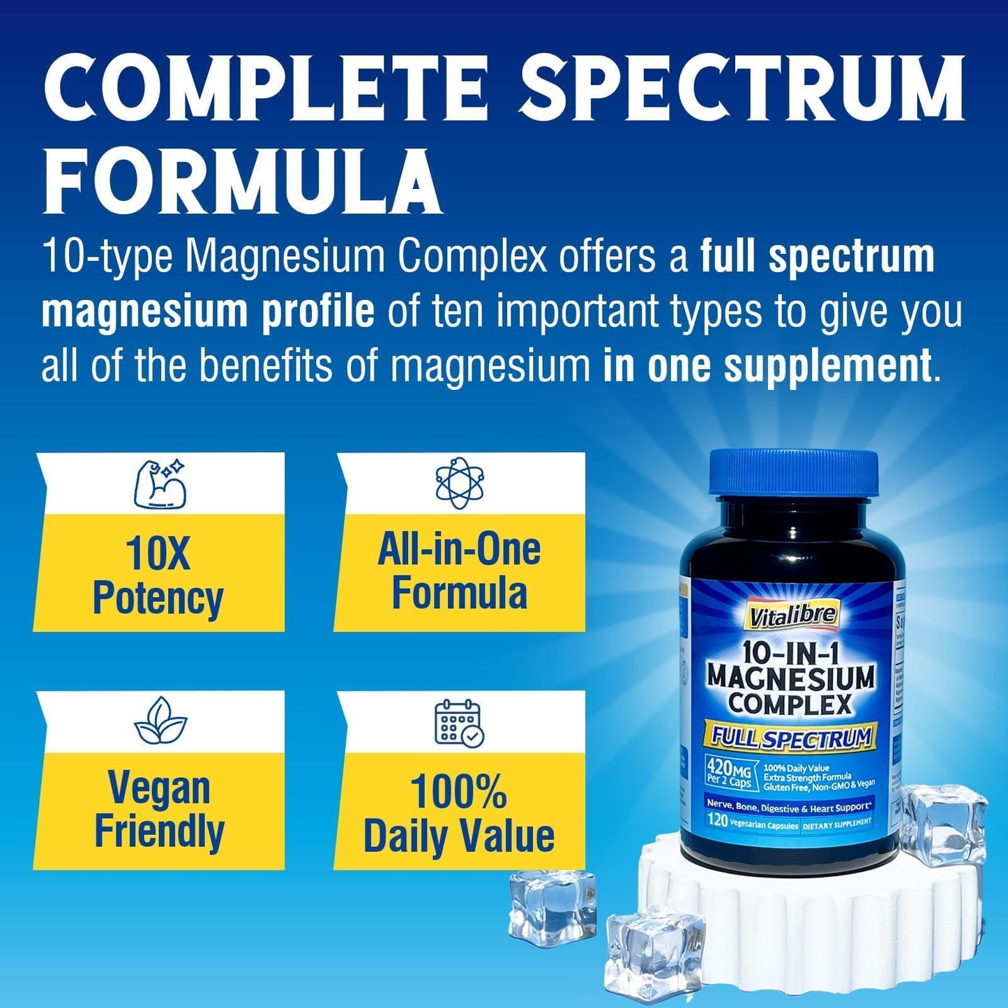 Vitalibre 10 in 1 Magnesium Complex, 420mg Elemental Magnesium | Ultra Strength, Max Absorption | Chelated Magnesium Supplement for Nerves, Bone & Heart Health