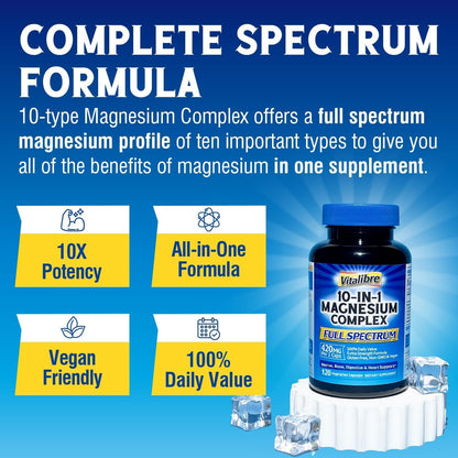 Vitalibre 10 in 1 Magnesium Complex, 420mg Elemental Magnesium | Ultra Strength, Max Absorption | Chelated Magnesium Supplement for Nerves, Bone & Heart Health