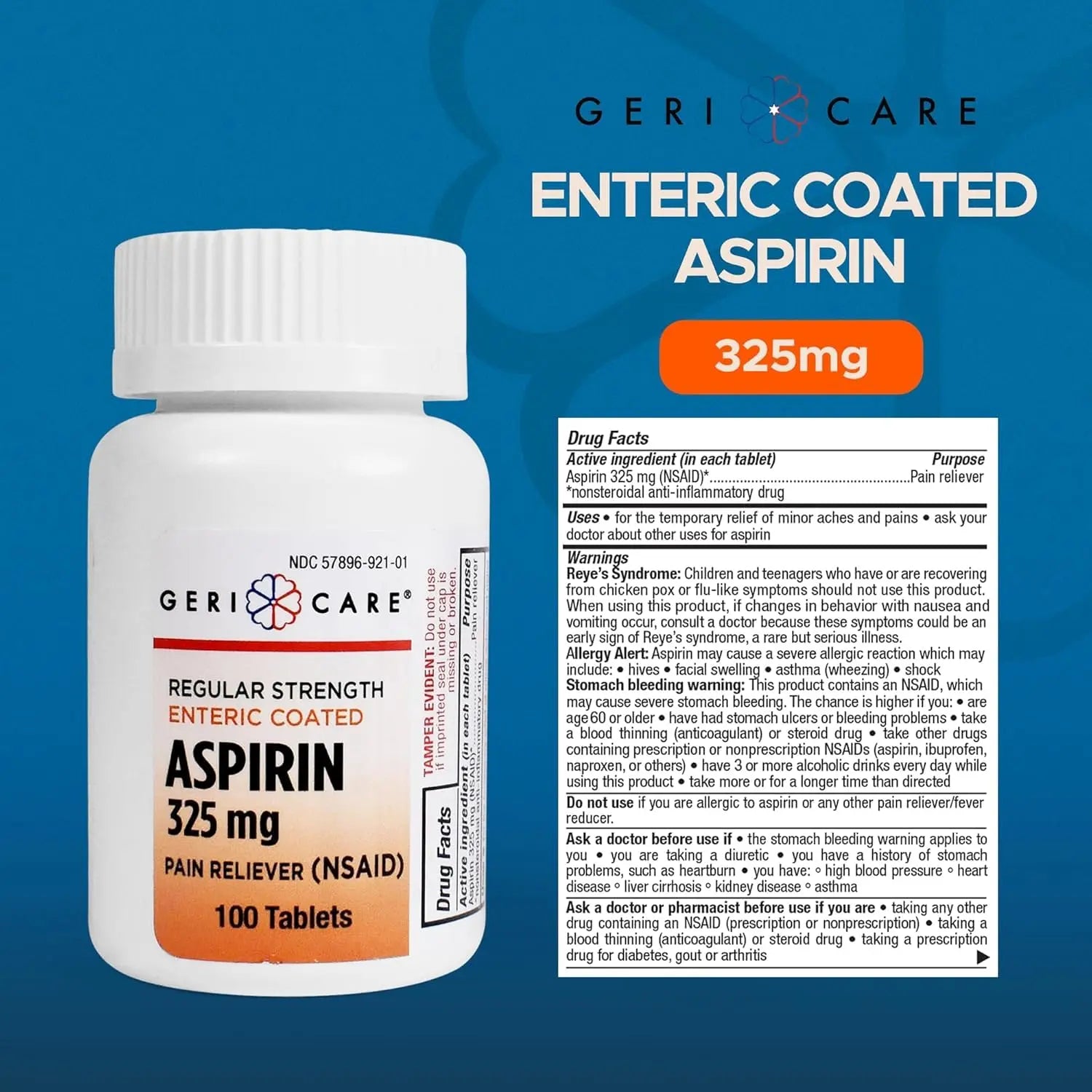 Enteric Coated Aspirin Tablets 325mg (100 Count) by GeriCare- NSAID Pain Reliever & Fever Reducer Coated Aspirin for Adults- Regular Strength Aspirin for Headache Arthritis Menstrual & Muscle Pain GeriCareBuy Supplements Australia