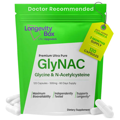 Longevity Box Ultra Pure GlyNAC Supplement 1000mg (500mg Glycine + 500mg N-Acetyl Cysteine) - Glutathione Precursor for Healthy Aging, Energy & Cellular Protection - 120 Vegan Capsules Longevity BoxBuy Supplements Australia