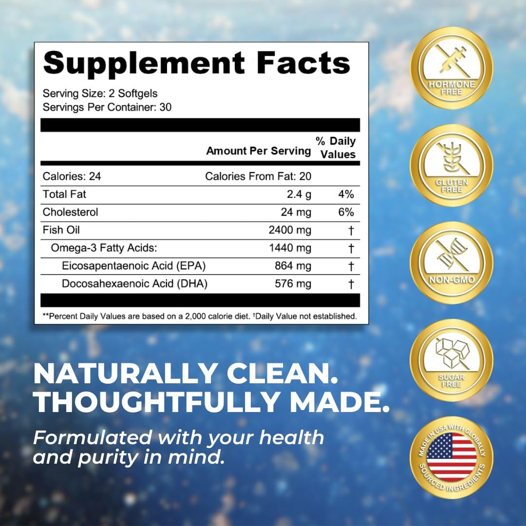 Vital Omega 3 Fish Oil Supplements 2400mg | 864mg EPA & 576mg DHA | 1440mg Total Omega-3 Fatty Acids | Promotes Brain & Heart Health | Non-GMO, Gluten-Free, Sugar-Free | Lemon | 60 Day Servings VITAL NUTRITIVEBuy Supplements Australia