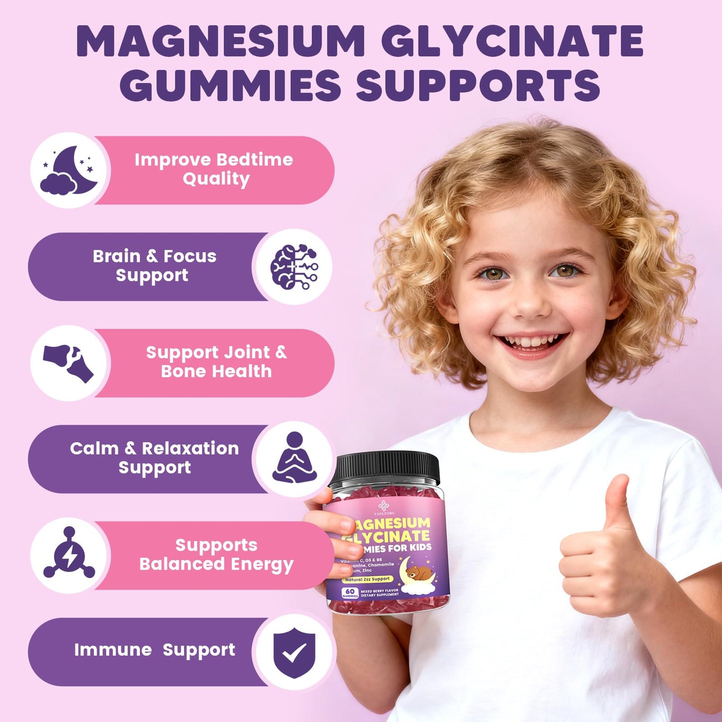 YANLUOBO Kids Magnesium Gummies, Magnesium Glycinate Gummies 400mg/200mg with L-Theanine, Chamomile, Vitamin B6, D3 for Kids, Relaxation & Zzz Support,