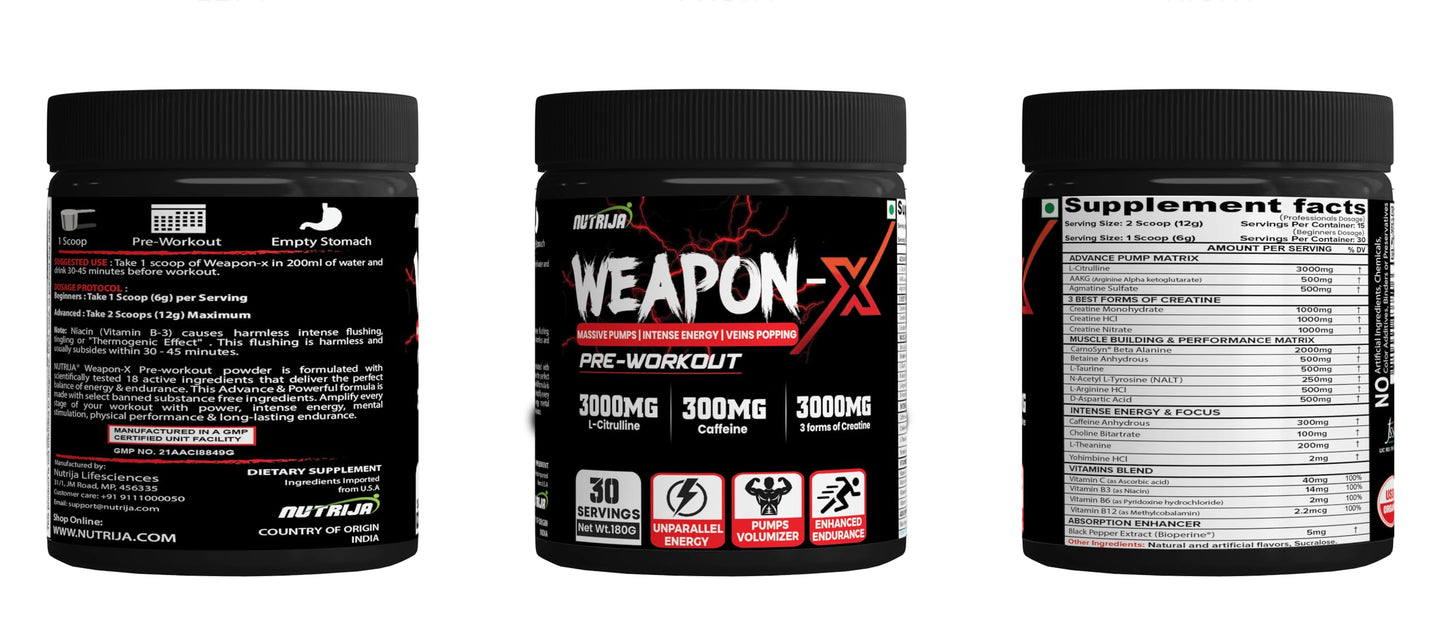 NutriJa Weapon-X Pre-Workout Powder with 21 Active Ingredients - 3 Best Forms of Creatine, AAKG, Beta-Alanine, Caffeinated | Pumps, Viens Popping, Energy, Focus & Strength (30 Servings (Pineapple))